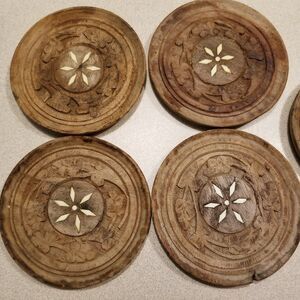 Carved wood coasters with inlays Set of 5 (3 with complete inlay, 2 missing 1)
